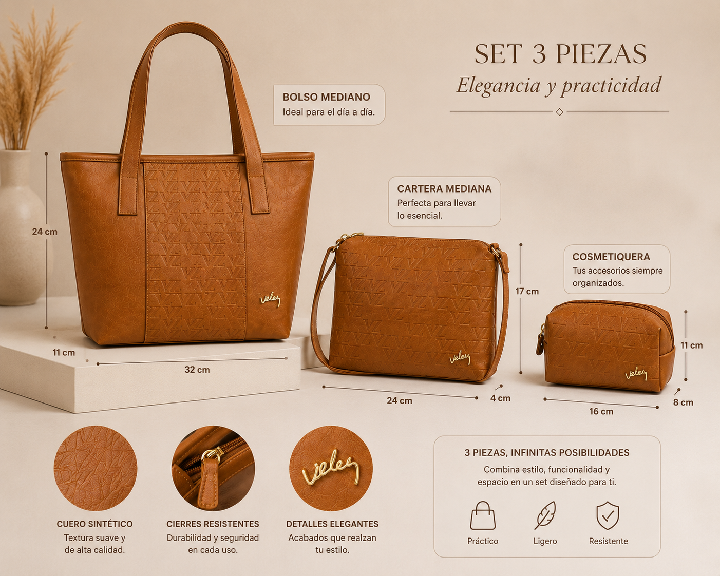 Set Bolso + Cartera + Cosmetiquera