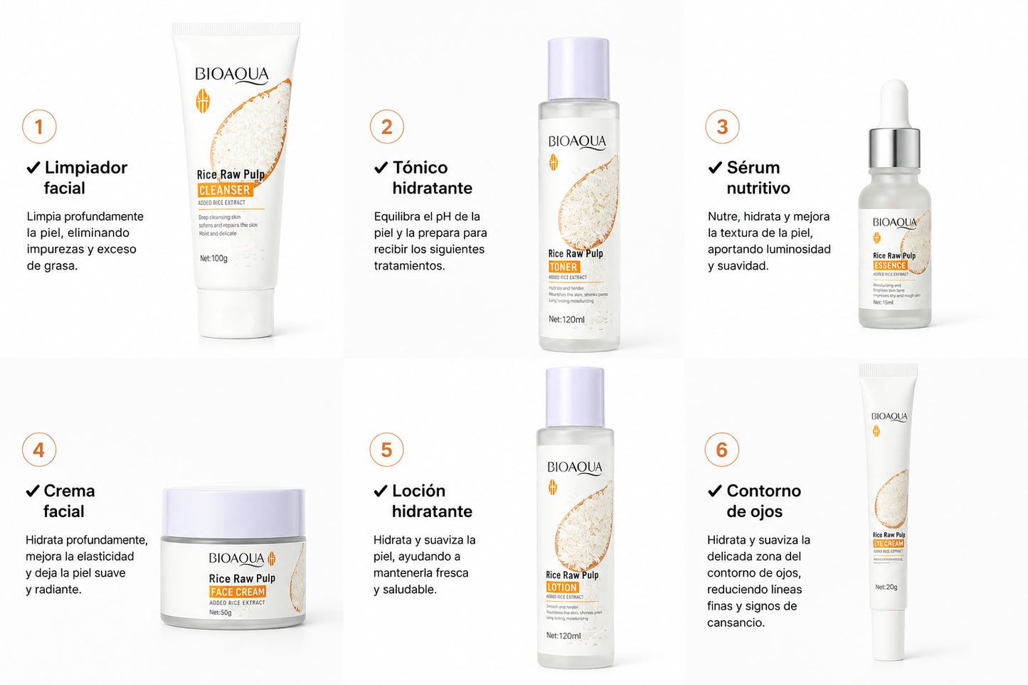 Kit Facial Bioaqua de Arroz x 6 Piezas – Hidratación e Iluminación